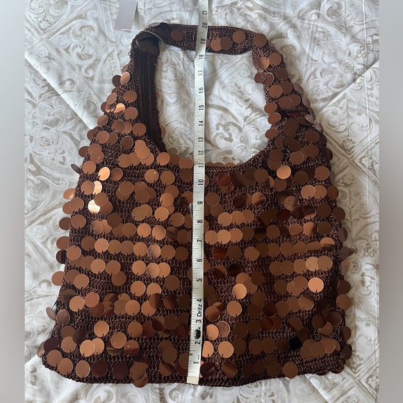 NWT - Vintage Brown Sequins Baguette Crochet Bag, Shimmer 90’s Shoulder Purse - Picture 4 of 7